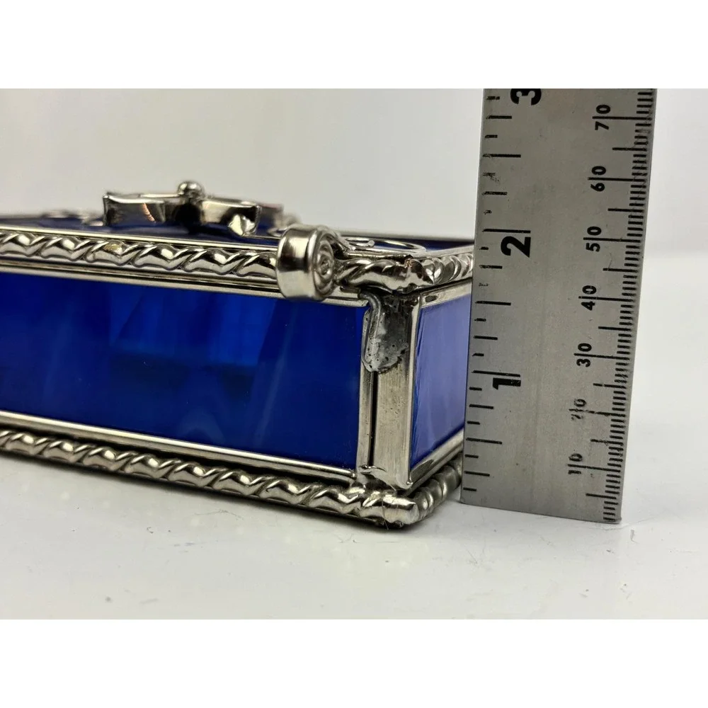 Vintage Blue Slag Glass Jewelry Trinket Box Silver Tone‎ Hinged Lid